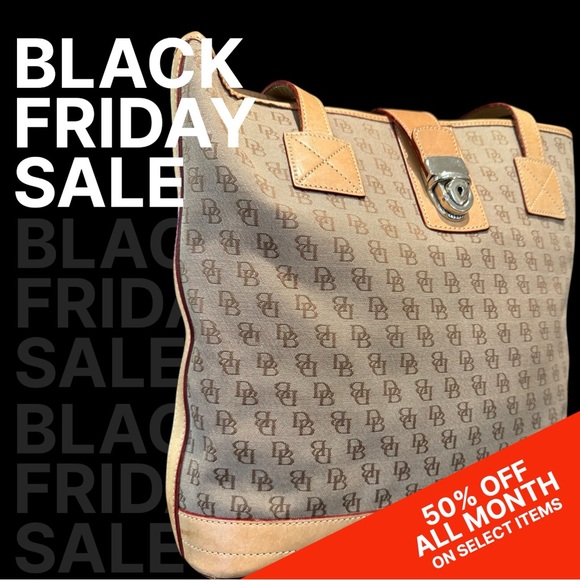 DOONEY & BOURKE Vintage Signature Tan & Brown Monogram w/ Leather Trim Tote EUC - Picture 2 of 14